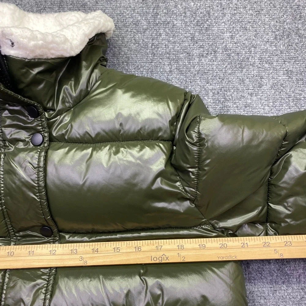 7 For All Mankind Womens Olive Green Shiny Puffer Jacket Faux Fur Trim Size M